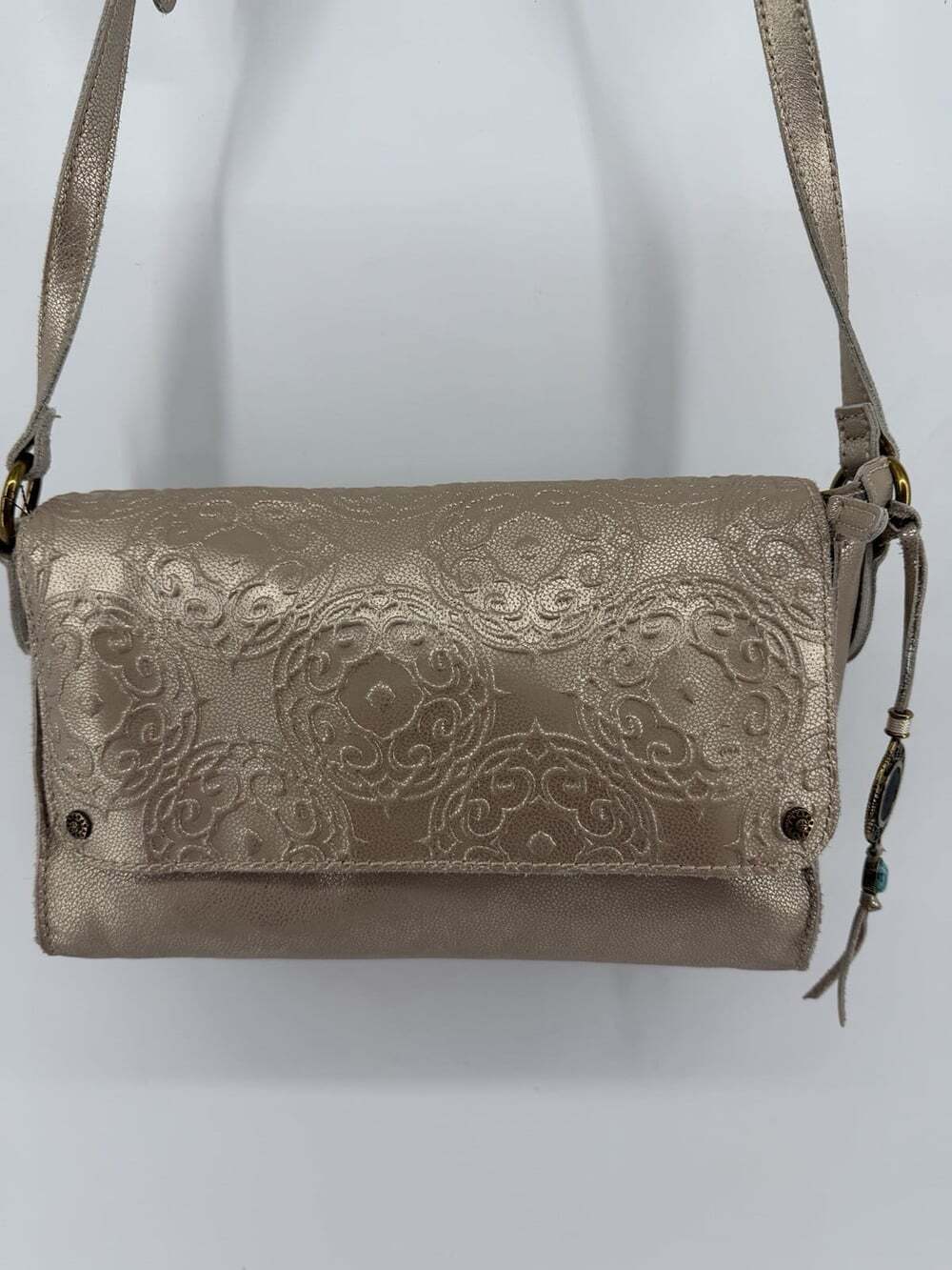 The Sak Ojai Flap Crossbody Gold Embossed Leather Purse Shoulder Handbag Boho